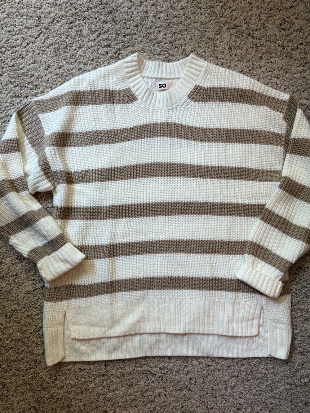SO Cream and Tan Striped Crewneck Sweater